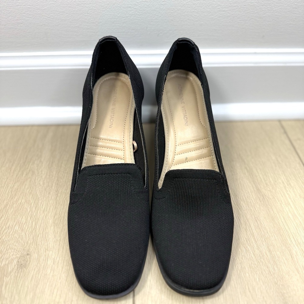 Adrienne Vittadini 10M Black Knit Block Heel Pumps Womens Retired Y2K Slip‎ On